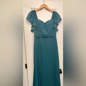 JJs House Emerald A-line full length Dress with Ruffle Sleeves